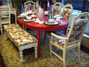 red table set complete with 6 chairs and two leaves